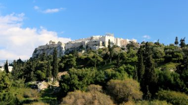 Acropolis from a distance, behind trees. Η Ακρόπολη από μακριά, πίσω από δέντρα